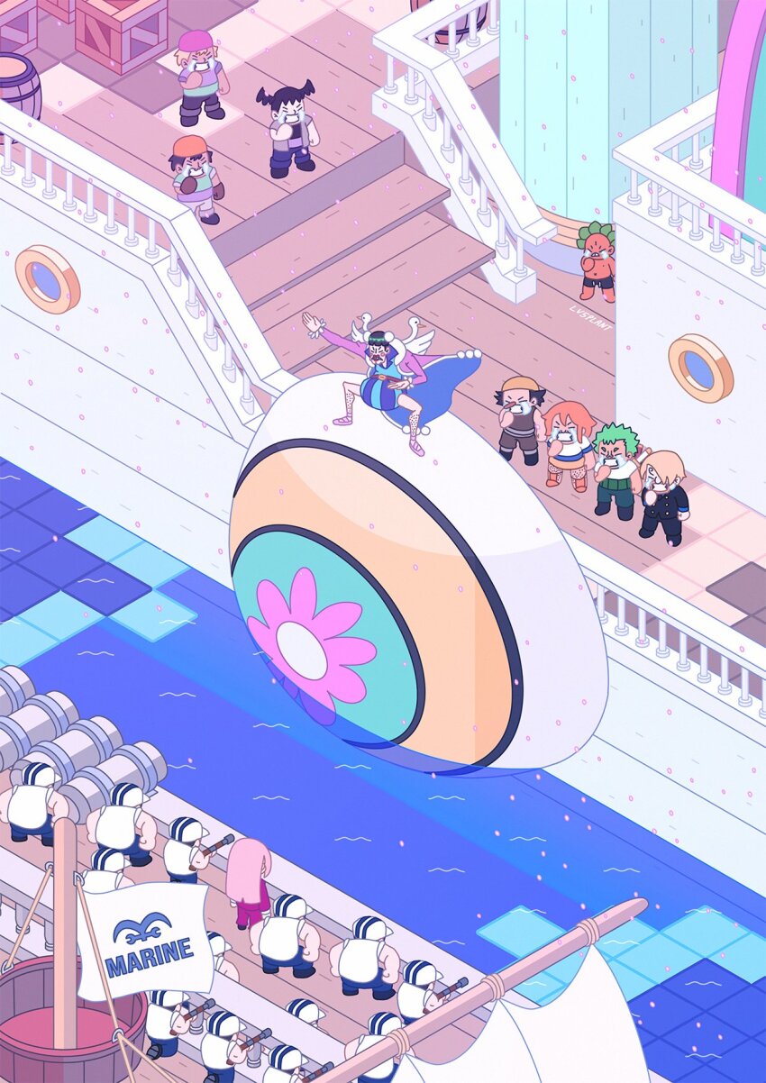 1girl 6+boys artist_name bandana black_hair boat bon_clay coat commentary cosplay crying flag green_hair gun highres hina_(one_piece) holding holding_gun holding_weapon isometric leg_hair long_coat lv5plant makeup marine_(one_piece) multiple_boys nami_(one_piece) nami_(one_piece)_(cosplay) nami_(one_piece)_(east_blue) ocean one_piece orange_hair roronoa_zoro roronoa_zoro_(cosplay) sanji_(one_piece) sanji_(one_piece)_(cosplay) sword sword_on_back tears usopp usopp_(cosplay) watercraft weapon weapon_on_back