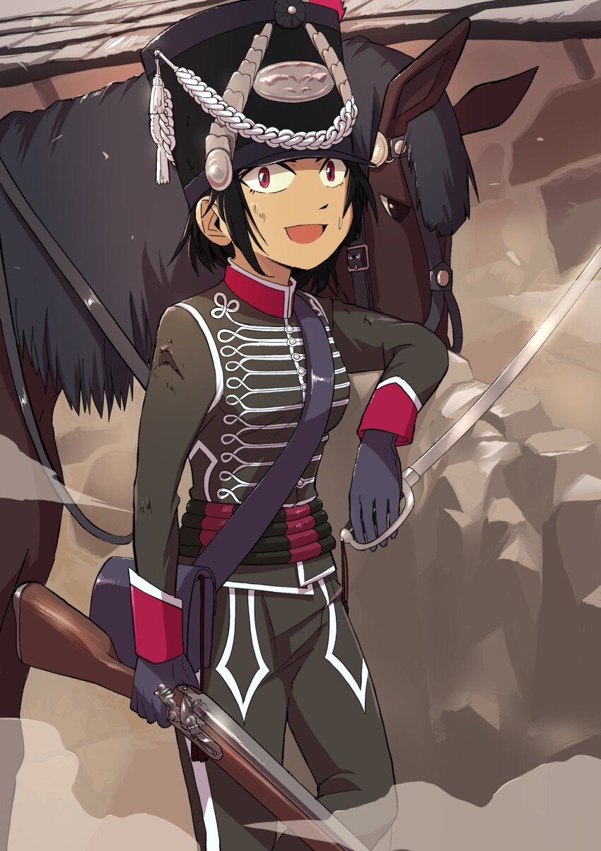 1girl antique_firearm belt belt_pouch black_belt black_hair brown_horse buttons caplock cavalry cavalry_sword collar commentary_request damaged female_focus firearm firelock flintlock gloves gun hat highres holding holding_gun holding_sword holding_weapon horse hussar jacket leaning_on_object long_sleeves looking_at_viewer matchlock military military_hat military_uniform musket open_mouth original pants pouch red_collar red_eyes red_wrist_cuffs reins saber_(weapon) shako_cap short_hair smile smoke soldier solo standing sweat sweatdrop sword torn_clothes upper_body weapon wrist_cuffs zeinikunosekai