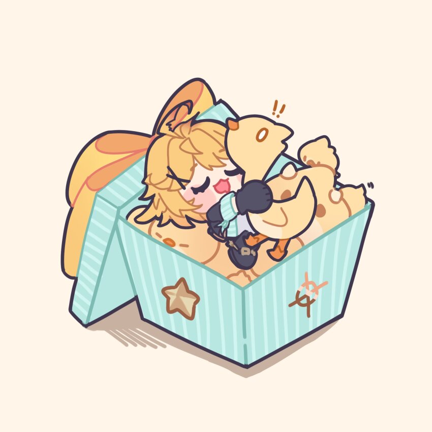 ! !! 1girl :3 :d ahoge aqua_shirt bird black_footwear black_gloves black_jacket blonde_hair box chibi closed_eyes dokibird_(vtuber) dokibird_(vtuber)_(bounty_hunter) dragoon_(dokibird) full_body gift gift_box gloves highres hug indie_virtual_youtuber jacket konpeiteru medium_hair open_mouth shirt simple_background sleeping smile solo_focus virtual_youtuber white_background