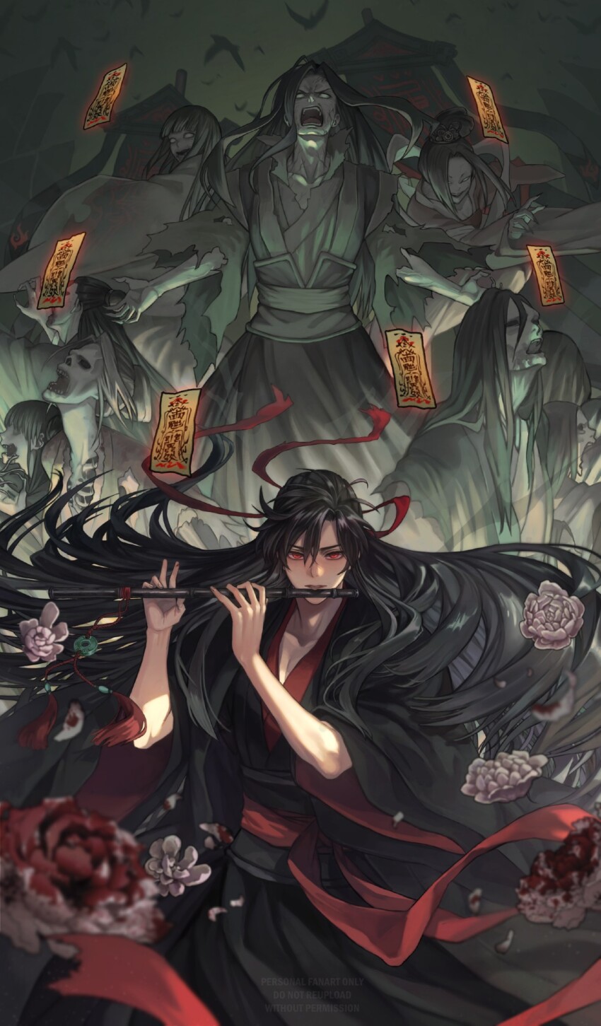 1boy 6+others bird black_hair black_hanfu black_robe blood_on_flower chinese_clothes dizi floating_hair flower flute ganen_cheese ghost hair_down hair_ribbon half_updo hanfu highres holding holding_flute holding_instrument instrument long_hair long_sleeves looking_at_viewer male_focus modao_zushi multiple_others music official_alternate_hairstyle ofuda petals playing_flute playing_instrument red_eyes red_ribbon red_sash ribbon robe rose sash standing tassel transverse_flute very_long_hair watermark wei_wuxian wei_wuxian_(yiling_laozu) white_flower wide_sleeves zombie