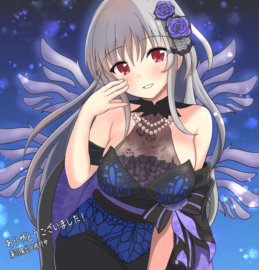 1girl alternate_costume bare_shoulders black_dress blush breasts commentary_request dress flower grey_hair hair_flower hair_ornament head_tilt highres large_breasts long_hair looking_at_viewer lyrical_nanoha lyrical_store mahou_shoujo_lyrical_nanoha mahou_shoujo_lyrical_nanoha_a&#039;s purple_flower purple_rose red_eyes reinforce rose smile solo translation_request usuba_kagerou_(shougyouchu) very_long_hair