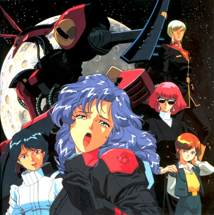 1980s_(style) 2boys 3girls baund_doc blue_eyes four_murasame gates_capa green_eyes gundam haman_karn highres kamille_bidan kitazume_hiroyuki mecha mineva_lao_zabi multiple_boys multiple_girls oldschool open_mouth orange_hair pilot_suit pink_hair purple_hair retro_artstyle robot rosamia_badam space sunglasses tears zeta_gundam