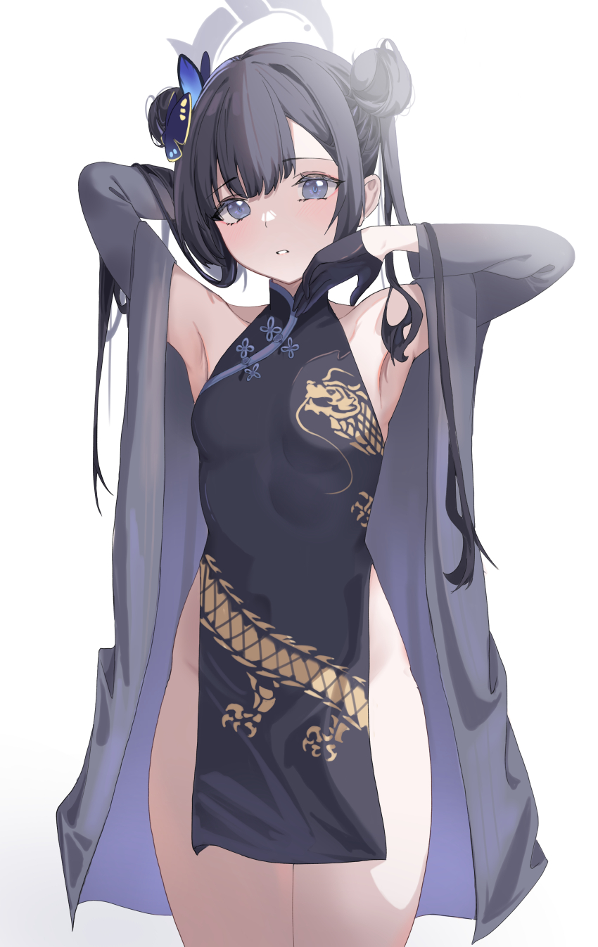 1girl absurdres armpits black_dress black_gloves black_hair blue_archive breasts butterfly_hair_ornament cake_walker china_dress chinese_clothes coat commentary cowboy_shot double_bun dragon_print dress gloves grey_coat grey_eyes hair_bun hair_ornament half_gloves halo hands_up highres kisaki_(blue_archive) long_hair long_sleeves looking_at_viewer open_clothes open_coat open_mouth pelvic_curtain pelvis print_dress short_dress side_slit simple_background sleeveless sleeveless_dress small_breasts thighs white_background