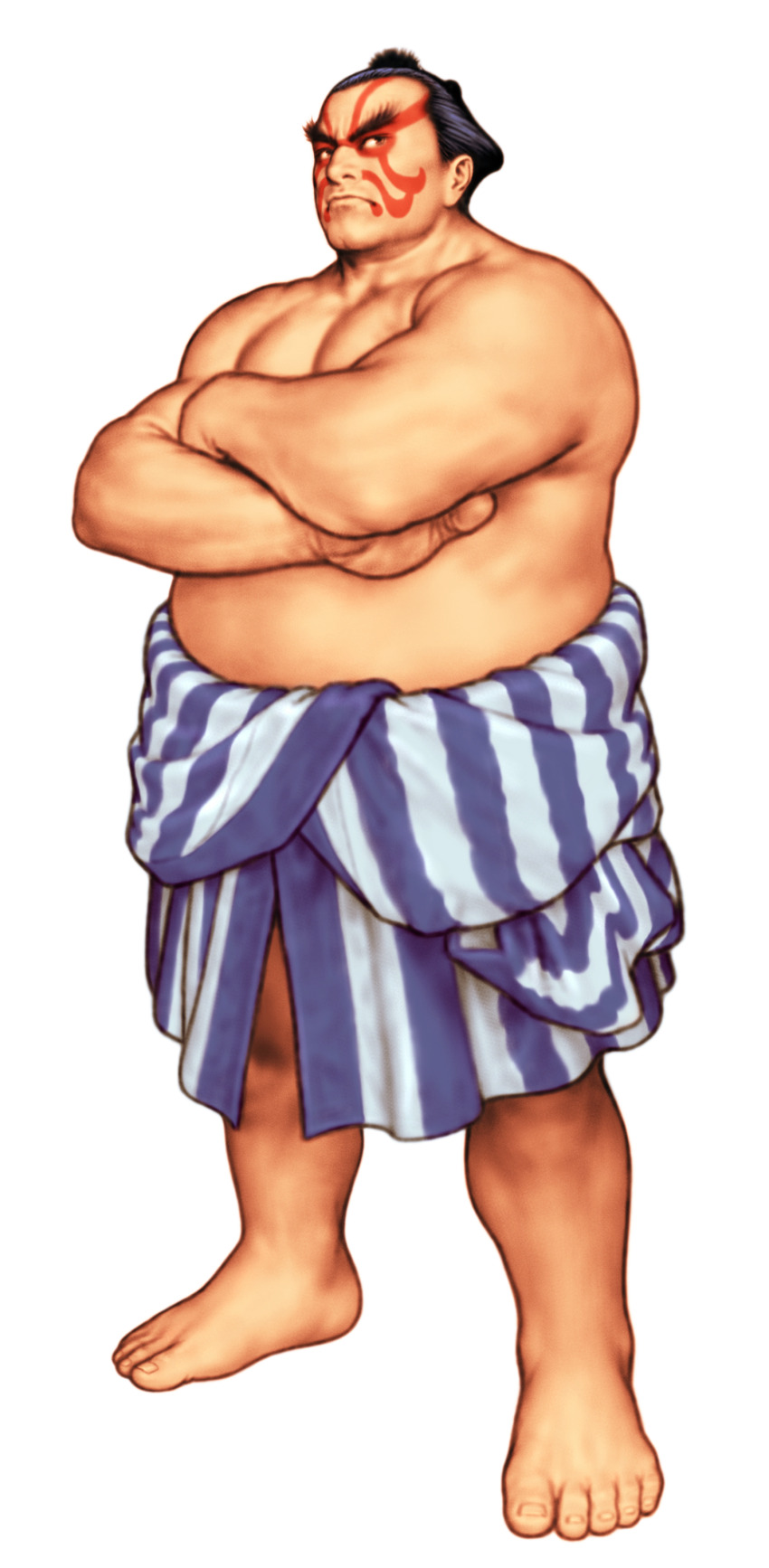 1boy absurdres barefoot capcom_vs_snk chonmage crossed_arms e._honda facepaint game_cg highres loincloth looking_to_the_side male_focus mawashi mori_toshiaki muscular muscular_male non-web_source official_art scowl simple_background solo street_fighter sumo topknot v-shaped_eyebrows white_background