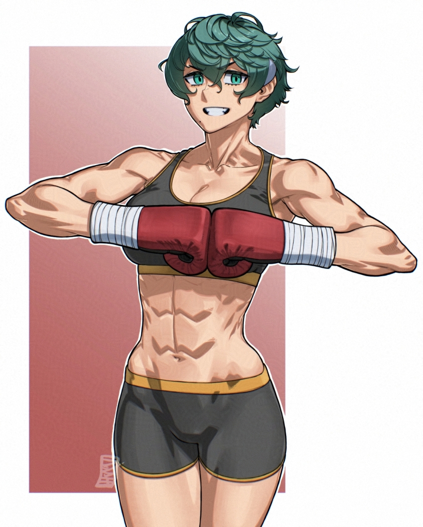 1girl bare_shoulders black_shorts boxing boxing_gloves breasts cleavage crop_top curly_hair gloves green_eyes green_hair highres muscular muscular_female navel original red_gloves rggr shlki shorts sign sleeveless solo