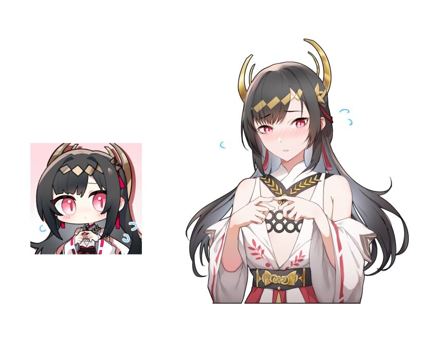 1girl black_hair blush chibi detached_sleeves flat_chest girls&#039;_frontline girls&#039;_frontline_neural_cloud highres index_fingers_together kimie_(neural_cloud) long_hair nontraditional_miko pink_eyes redrawn reference_inset thatob upper_body very_long_hair