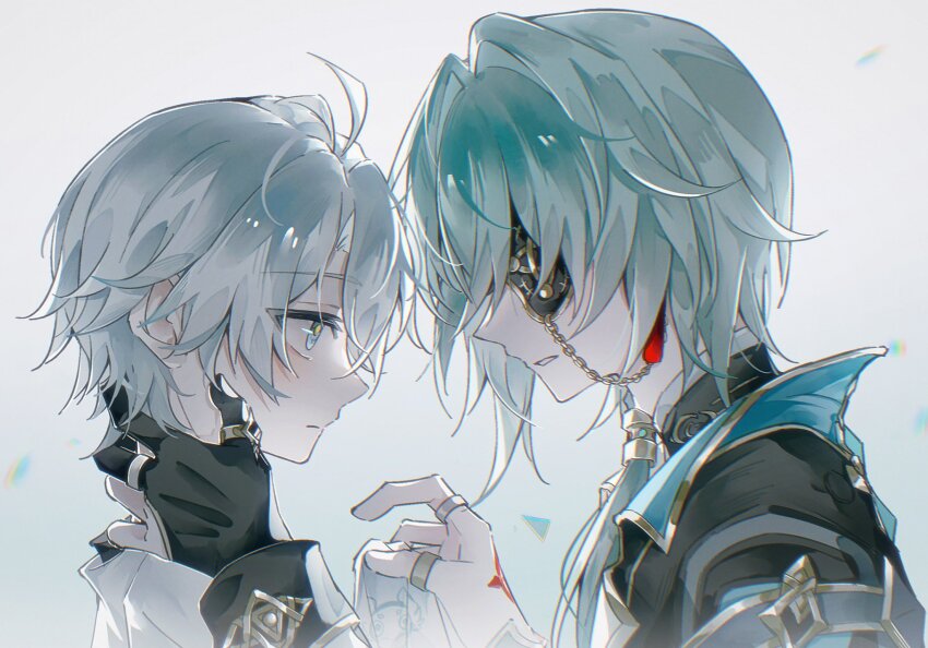 2boys anaxa_(honkai:_star_rail) black_gloves blue_eyes chain closed_mouth earrings eyepatch fingerless_gloves gloves highres honkai:_star_rail honkai_(series) jewelry male_focus multiple_boys multiple_rings one_eye_covered parted_lips phainon_(honkai:_star_rail) red_tattoo ring short_hair single_earring teeth thorn72132528 upper_body yellow_pupils