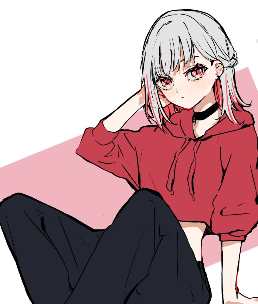 1girl alternate_costume alternate_hairstyle arm_up black_choker black_pants blush braid choker closed_mouth colored_inner_hair commentary_request feet_out_of_frame flipped_hair grey_hair half_up_braid highres hood hoodie jin_(oihlf) light_frown like_and_redraw_challenge link!_like!_love_live! looking_at_viewer love_live! medium_hair midriff multicolored_hair pants red_background red_eyes red_hair red_hoodie sitting solo streaked_hair three-quarter_sleeves virtual_youtuber white_background yugiri_tsuzuri