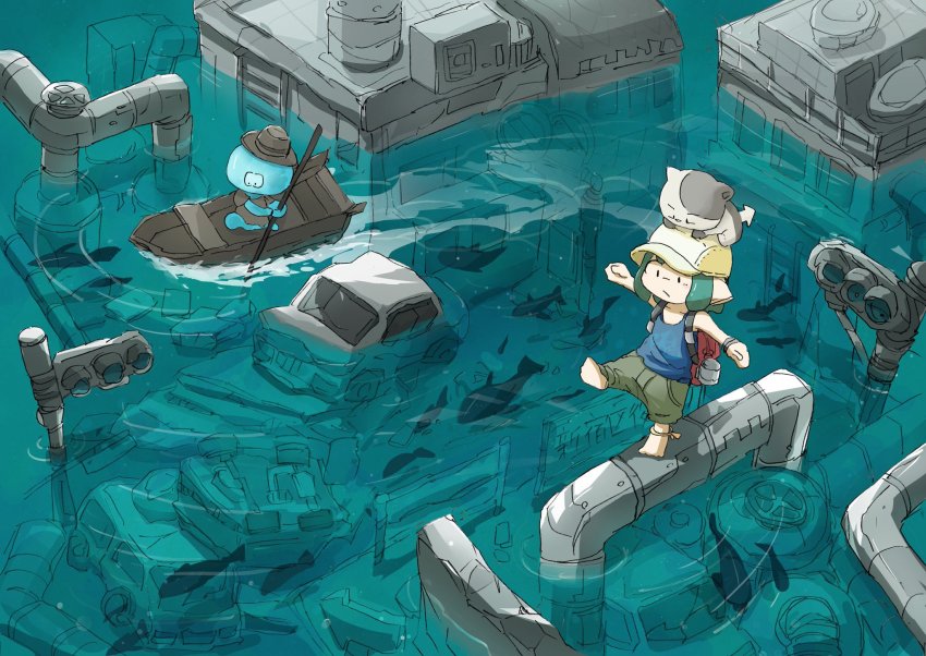 animal animal_on_head aqua_hair balancing blue_tank_top boat building car cat cat_on_head fish flood frown green_pants hat highres industrial_pipe inkling inkling_girl inkling_player_character jellyfish_(splatoon) judd_(splatoon) motor_vehicle nintendo on_head pants pointy_ears red_bag shimarisu_yukichi short_hair sleeveless splatoon_(series) tank_top traffic_light walking watercraft yellow_headwear