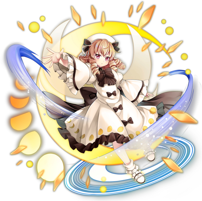 1girl back_bow blonde_hair bow bowtie brown_bow brown_bowtie closed_mouth crescent danmaku dress dress_bow drill_hair drill_sidelocks fairy fairy_wings frilled_sleeves frills full_body game_cg hat highres long_hair long_sleeves looking_at_viewer luna_child moon_print official_art red_eyes rotte_(1109) shoes sidelocks solo third-party_source touhou touhou_lostword transparent_background white_dress white_hat white_shoes wide_sleeves wings
