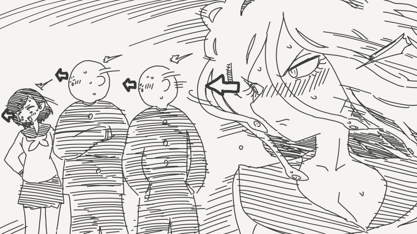 2boys 2girls arrow_(symbol) blush closed_mouth comic commentary_request crowd faceless faceless_male frown gakuran greek_mythology greyscale highres horideiyasumi medusa_(mythology) monochrome motion_lines multiple_boys multiple_girls nervous_sweating original school_uniform segmented_comic serafuku snake_hair sweat turning_head v-shaped_eyebrows