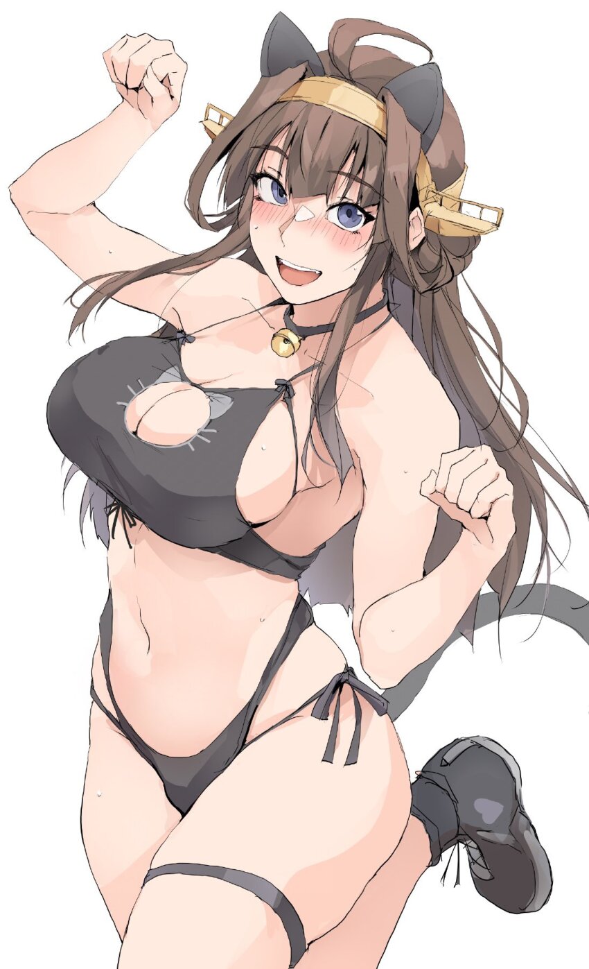 1girl alternate_costume animal_ears bell black_choker black_panties black_shoes blush breasts brown_hair cat_cutout cat_ears cat_lingerie cat_tail choker cleavage cleavage_cutout clothing_cutout commentary_request fake_animal_ears fake_tail headgear highres kantai_collection kongou_(kancolle) large_breasts leg_up long_hair looking_at_viewer meme_attire neck_bell open_mouth panties paw_pose shoes simple_background solo sweat tail underwear white_background zekkyon