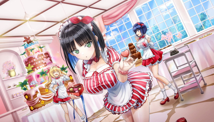 3girls apron black_hair blonde_hair blue_hair blunt_bangs box box_of_chocolates breasts cake candy chocolate chocolate_fountain chocolate_heart closed_eyes crosshair_pupils curtains dolphin_wave eines_(dolphin_wave) fang flower food frilled_hairband frilled_skirt frills game_cg green_eyes hair_ribbon hairband heart heart-shaped_food high_heels highres holding holding_chocolate holding_food indoors kazami_ellen large_breasts long_sleeves looking_at_another looking_at_viewer multicolored_hair multiple_girls non-web_source official_art ojou-sama_pose ootomo_takuji open_mouth puffy_long_sleeves puffy_short_sleeves puffy_sleeves ribbon short_hair short_sleeves skirt small_breasts socks standing symbol-shaped_pupils tojou_michiru twintails two-tone_hair vase white_apron white_socks window