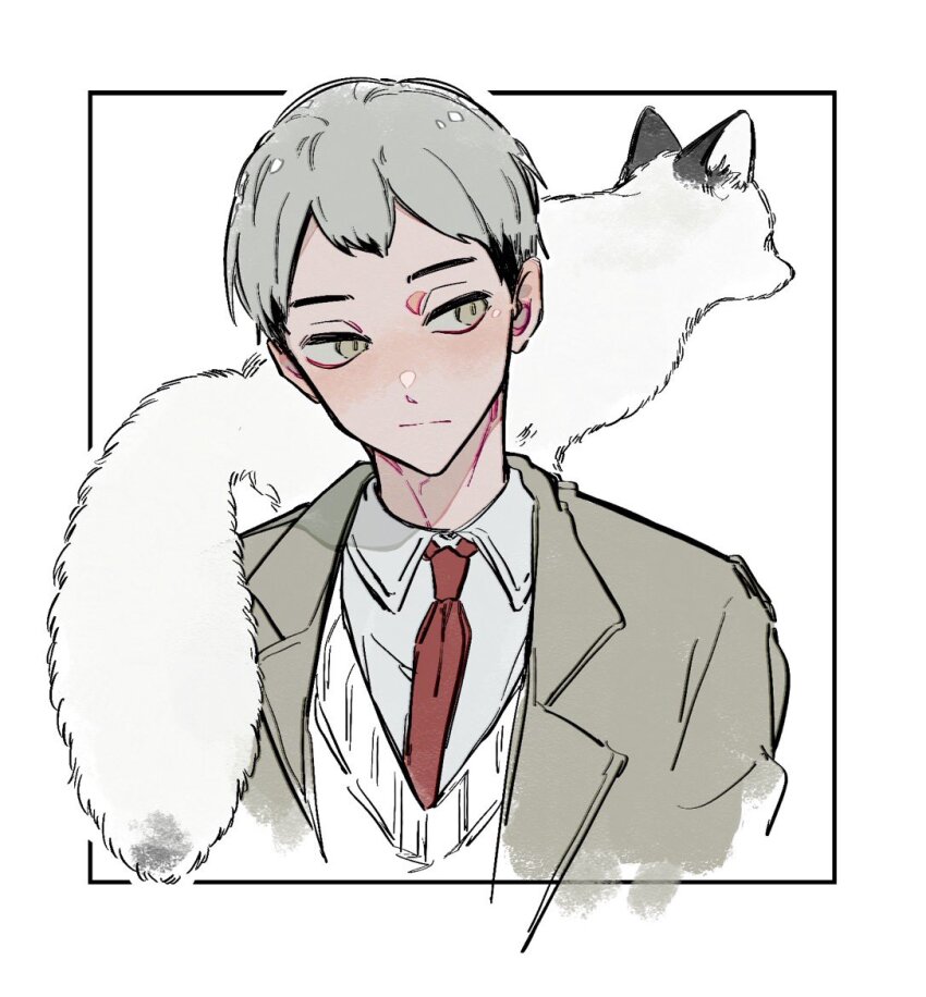 1boy :/ animal animal_on_shoulder arctic_fox black_hair closed_mouth coco_(238243) collared_shirt colored_tips commentary double-parted_bangs fox grey_eyes grey_hair haikyuu!! jacket kita_shinsuke lapels looking_to_the_side male_focus multicolored_hair necktie notched_lapels on_shoulder red_necktie shirt sideways_glance solo suit_jacket sweater_vest symbol-only_commentary unfinished upper_body white_background wing_collar