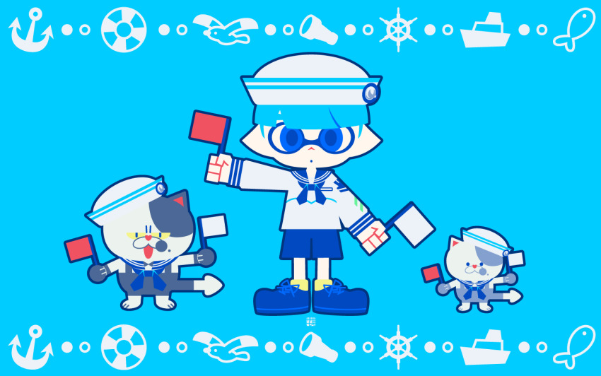 1boy :o anchor bird blue_background blue_eyes blue_footwear blue_sailor_collar blue_shorts boat bowl_cut cat fish flag hat holding holding_flag inkling inkling_boy inkling_player_character innertube judd_(splatoon) li&#039;l_judd_(splatoon) long_sleeves male_focus nintendo open_mouth pointy_ears sailor sailor_collar sailor_hat sasakinao seagull short_hair shorts splatoon_(series) swim_ring telescope watercraft yellow_eyes