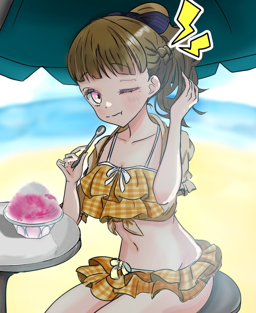 1girl ;t beach beach_umbrella bikini black_bow blurry blurry_background blush bow bowl braid brain_freeze breasts brown_hair brown_jacket center-flap_bangs chair cleavage closed_mouth collarbone commentary_request cowboy_shot eating food frilled_bikini frilled_sleeves frills gingham_bikini glass_bowl hair_bow half_up_braid hands_up highres holding holding_spoon jacket jacket_over_swimsuit kachimachi_kosuzu kachimachi_kosuzu_(swimsuit) link!_like!_love_live! love_live! medium_hair midriff navel official_alternate_costume on_chair outdoors pink_eyes puffy_short_sleeves puffy_sleeves rere_88rere ruffle_bikini shaved_ice short_sleeves shout_lines single_tear sitting solo split_mouth spoon straight_hair striped_bow swimsuit tied_jacket umbrella virtual_youtuber yellow_bikini