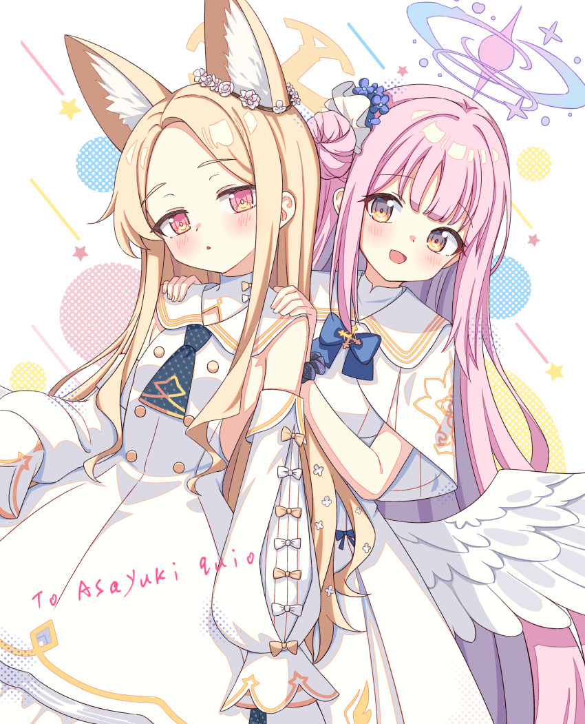 2girls absurdres animal_ear_fluff animal_ears artistic_error blonde_hair blue_archive blue_bow blue_bowtie blush bow bowtie commentary_request detached_sleeves dress feathered_wings fingernails flower fox_ears hair_flower hair_ornament halo hands_on_another&#039;s_shoulders highres long_hair looking_at_viewer low_wings mika_(blue_archive) multiple_girls open_mouth pink_eyes pink_hair pink_halo seia_(blue_archive) setteiset sleeveless sleeveless_dress sleeves_past_wrists very_long_hair white_dress white_flower white_sleeves white_wings wings yellow_eyes yellow_halo