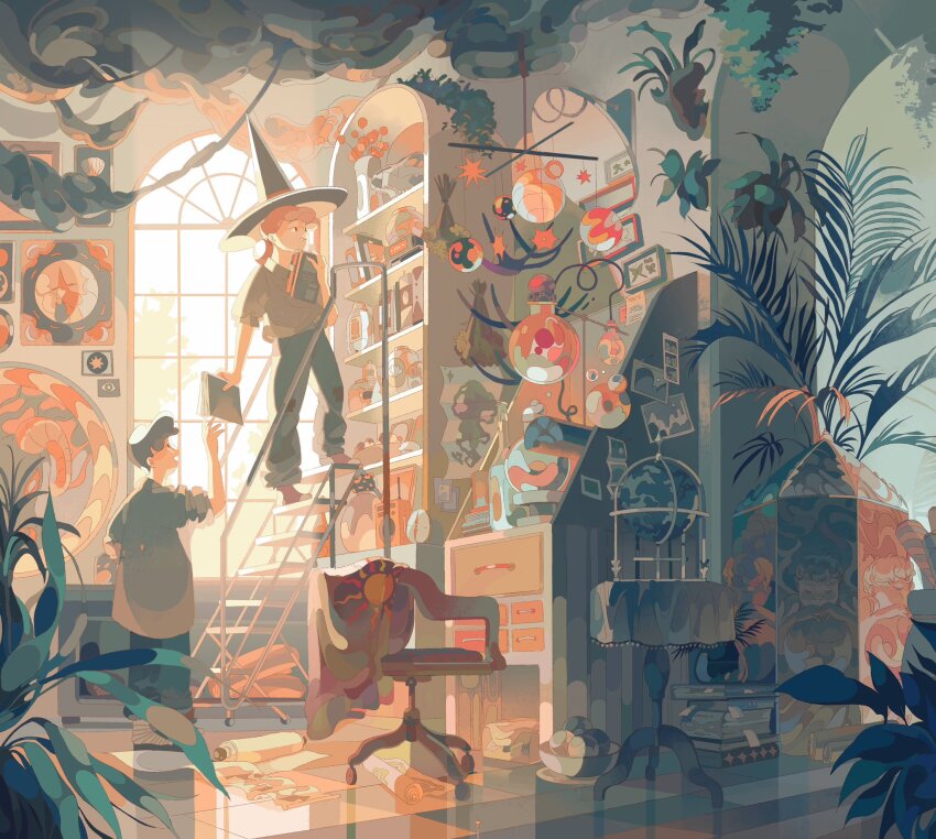 1boy 1girl bandaged_foot bandages black_hair blue_pants book book_stack bookshelf bottle chair coat commentary day desk english_commentary flower giving glass globe grey_coat grey_shirt hair_bun hat hat_ribbon highres holding holding_book indoors jar jdebbiel ladder mobile office_chair on_stairs original pants picture_frame plant potted_plant radio red_flower red_hair red_ribbon red_socks reflective_surface ribbon scroll shirt short_hair single_hair_bun skull slice_of_life socks stepladder sunlight swivel_chair table tile_floor tiles urn vase window witch_hat
