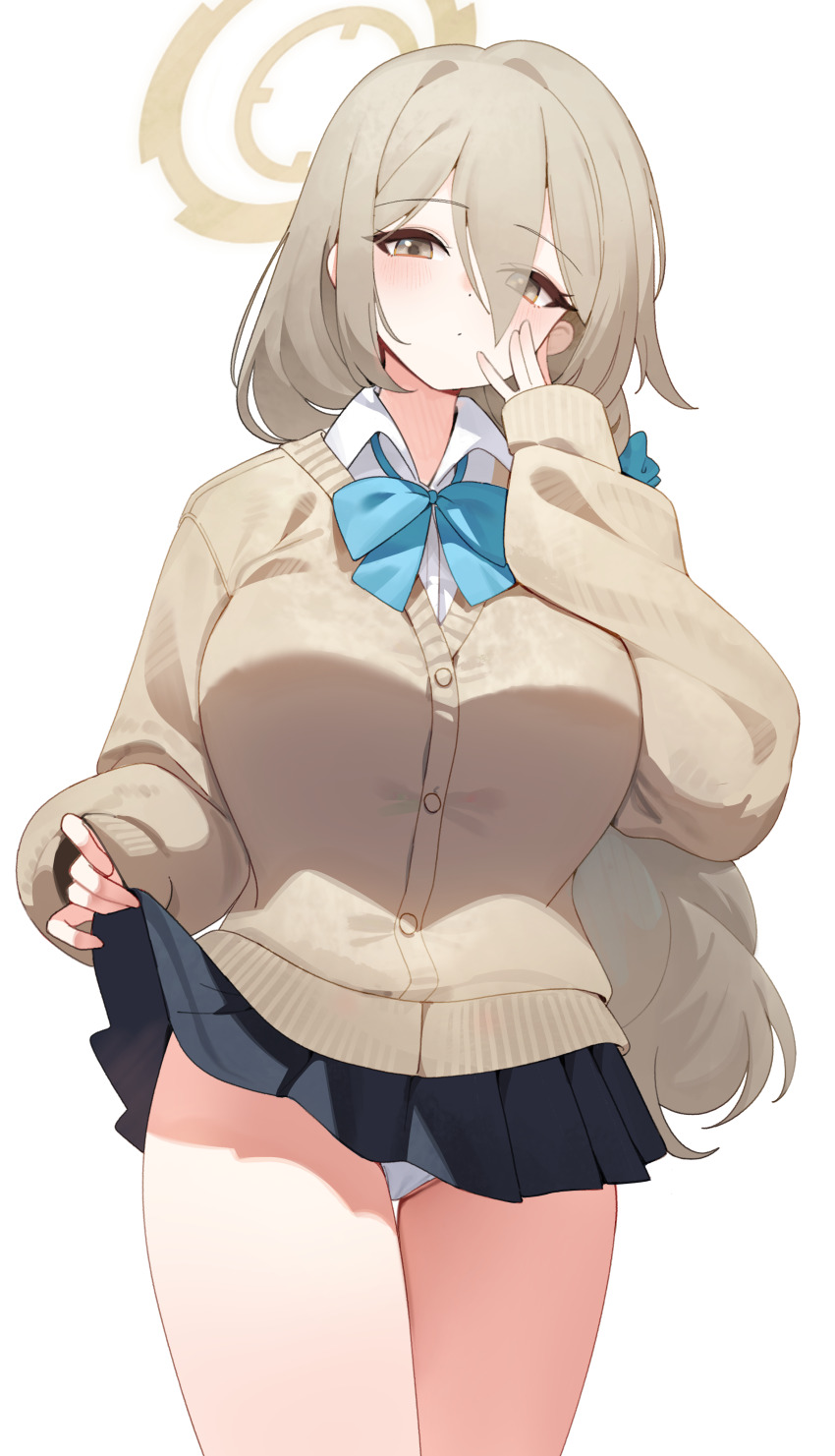 1girl absurdres akane_(blue_archive) akane_(school_uniform)_(blue_archive) blue_archive blush breasts brown_cardigan brown_eyes brown_hair cardigan clothes_lift collared_shirt commentary hair_between_eyes halo highres large_breasts lifting_own_clothes long_hair looking_at_viewer miniskirt no_eyewear nogong panties pleated_skirt school_uniform shirt simple_background skirt skirt_lift sleeves_past_wrists solo symbol-only_commentary underwear white_background white_panties white_shirt