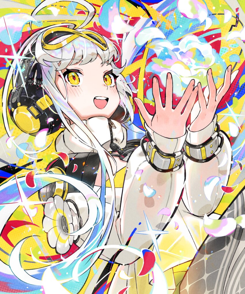 1girl :d absurdres ahoge ailis_(anilive) blush commentary dress english_commentary goggles goggles_on_head highres izumo_lab long_sleeves open_mouth petals saitou_naoki second-party_source see-through_clothes see-through_sleeves smile solo speaker teeth tongue turtleneck upper_teeth_only white_hair yellow_dress yellow_eyes zipper_pull_tab