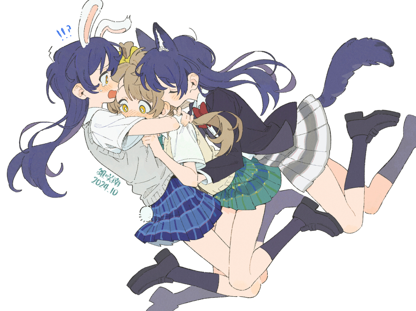 !? 3girls animal_ears black_footwear black_jacket black_socks blazer blue_hair blue_skirt blush brown_hair closed_eyes collared_shirt commentary crying crying_with_eyes_open dark_blue_hair dated dress_shirt dual_persona embarrassed full_body girl_sandwich green_necktie green_skirt grey_skirt grey_sweater_vest hair_rings highres jacket kemonomimi_mode loafers long_hair love_live! love_live!_school_idol_project minami_kotori minamip miniskirt multiple_girls necktie nose_blush open_mouth otonokizaka_school_uniform plaid_clothes plaid_skirt pleated_skirt rabbit_ears sandwiched school_uniform shirt shoes signature simple_background single_hair_ring skirt socks sonoda_umi sweater_vest tail tears white_background white_shirt wolf_ears wolf_girl wolf_tail yellow_eyes yellow_sweater_vest yuri