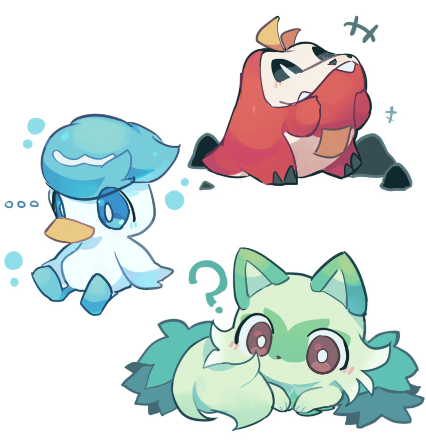 ? beak blue_eyes blue_hair blush charamells closed_eyes fuecoco highres nintendo no_humans pink_eyes pokemon pokemon_(creature) quaxly simple_background sprigatito starter_pokemon_trio white_background