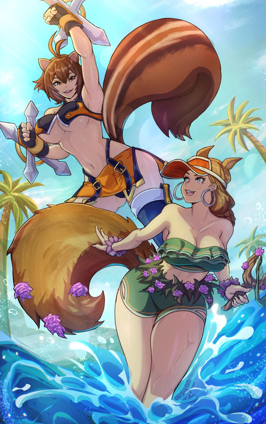 2girls alex_dos_diaz animal_ears bikini bikini_shorts blazblue bracelet breasts brown_hair cleavage crossover earrings frilled_bikini frills highres hoop_earrings jewelry large_breasts large_tail makoto_nanaya marvel marvel_rivals multiple_girls official_alternate_costume official_alternate_hairstyle shorts slingshot_(weapon) squirrel_ears squirrel_girl squirrel_girl_(marvel) squirrel_girl_(sunshine_squirrel)_(marvel) squirrel_tail swimsuit tail tonfa trait_connection visor_cap weapon