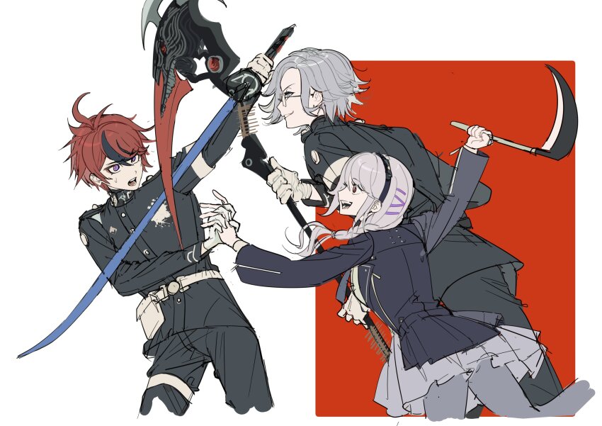 1girl 2boys ahoge aotsuki_eito arm_up armband attack belt belt_pouch black_hairband black_jacket black_pants black_streaks blue_eyes braid evil_grin evil_smile gakuran glasses gloves grey_eyes grey_hair grey_pantyhose grey_skirt grin hair_over_shoulder hairband hashtag-only_commentary highres holding holding_hands holding_scythe holding_sword holding_weapon hole_in_chest hole_on_body jacket kirifuji_nozomi last_defense_academy_school_uniform long_hair looking_at_another multicolored_hair multiple_boys pabitelsafe3 pants pantyhose pouch red_background red_eyes red_hair school_uniform scythe short_hair simple_background single_braid sketch skirt smile spoilers streaked_hair sumino_takumi sweatdrop sword the_hundred_line_-last_defense_academy- thigh_strap two-tone_background weapon white_armband white_background white_belt