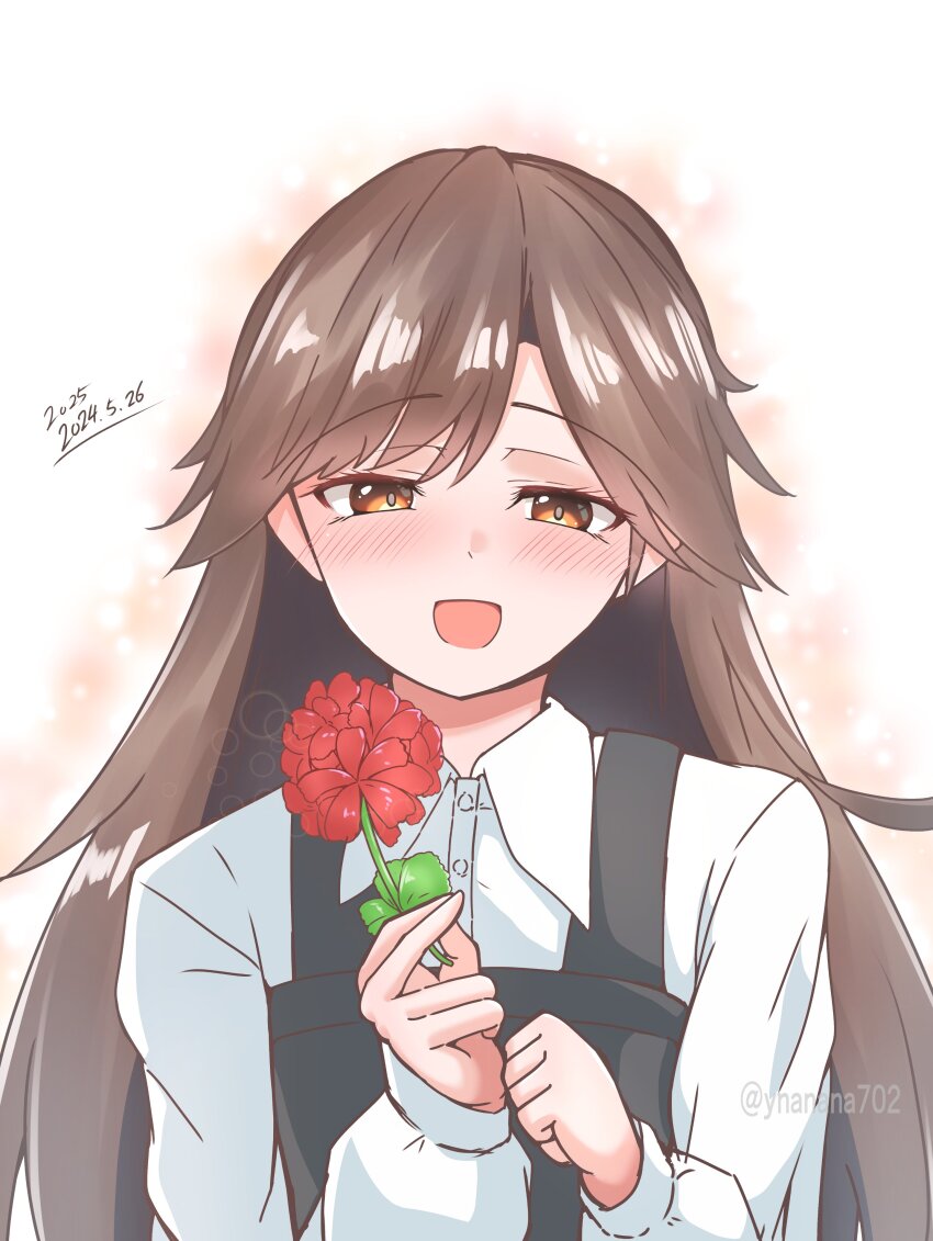 1girl 702_(naotsu) absurdres arashio_(kancolle) arashio_kai_ni_(kancolle) blush brown_eyes brown_hair collared_shirt dress dress_shirt flower hair_between_eyes highres holding holding_flower kantai_collection long_hair long_sleeves looking_at_viewer open_mouth pinafore_dress red_flower revision shirt simple_background sleeveless sleeveless_dress smile solo upper_body white_shirt