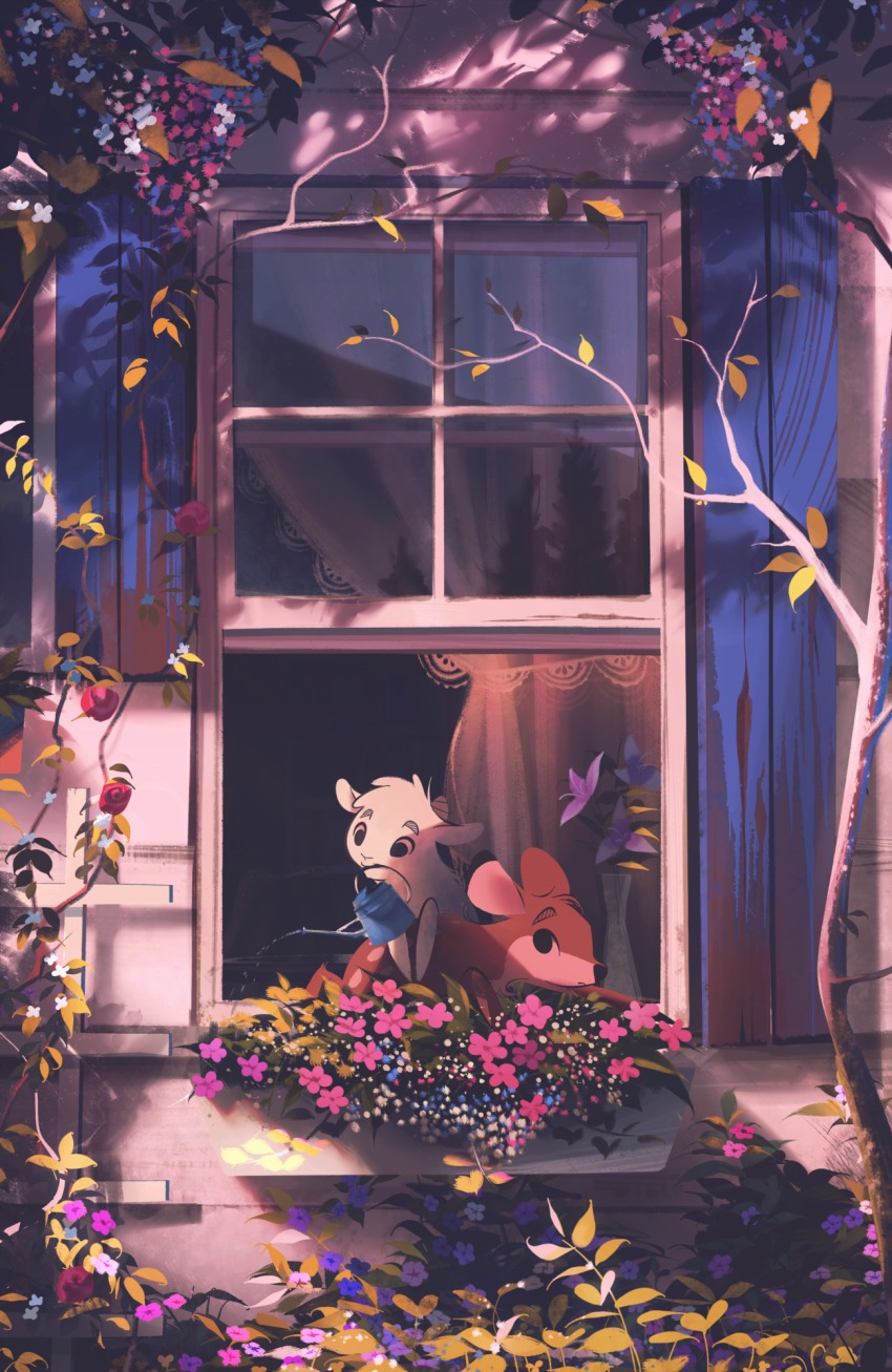 curtains danfango deer flower flower_box goat highres mouth_hold no_humans open_window original outdoors scenery tree vase watering watering_can window windowsill