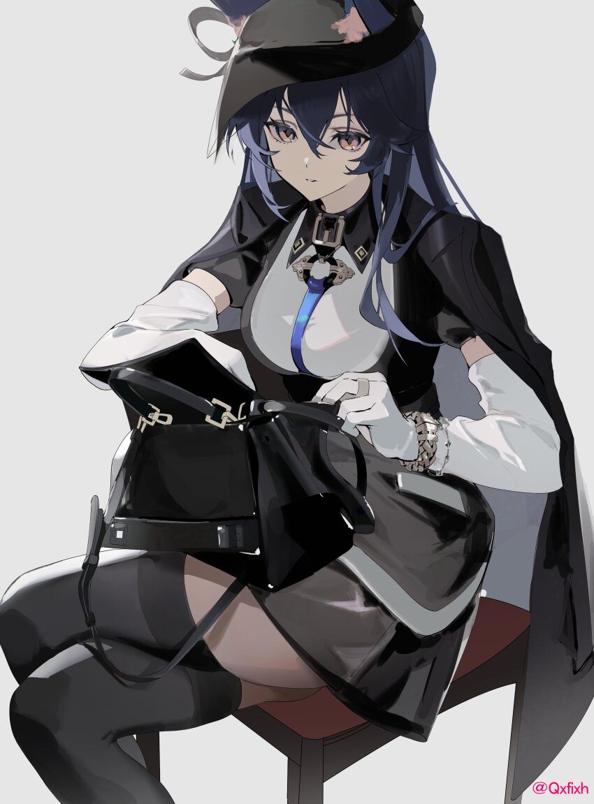 1girl absurdres alternate_costume arknights artist_name bag bangle black_coat black_hair black_hat black_jacket black_skirt black_thighhighs blue_necktie bracelet breasts coat coat_on_shoulders commentary crossed_legs double-parted_bangs elbow_gloves fashion feet_out_of_frame framed_breasts gloves grey_background hair_between_eyes handbag hat highres jacket jewelry light_smile long_hair looking_at_viewer medium_breasts miniskirt necktie o-ring parted_lips qure_(qxfixh) ring shirt simple_background sitting skirt solo texas_(arknights) thighhighs white_gloves white_shirt wing_collar yellow_eyes