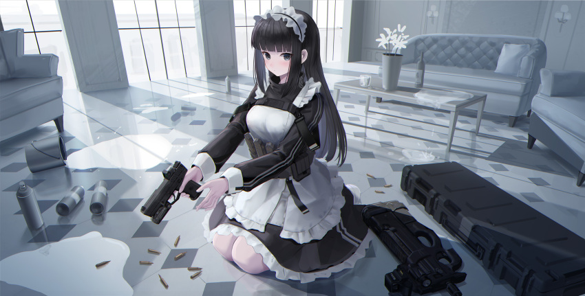 1girl absurdres ammunition apron armor-piercing_ammunition black_dress black_hair bottle bucket bucket_spill bullet bullpup dress english_text fn_5.7x28mm fn_five-seven gun handgun handgun_cartridge highres maid maid_apron maid_headdress original p90 pdw-caliber_pistol pdw_cartridge personal_defense_weapon pistol_cartridge solo spill sthk submachine_gun weapon weapon_case white_apron white_headdress white_paint