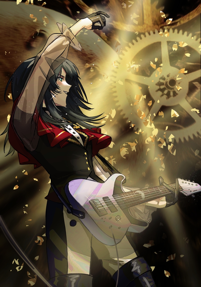 1girl 5-string_bass_guitar absurdres bang_dream! bang_dream!_it&#039;s_mygo!!!!! bass_guitar black_boots black_gloves black_hair black_pants black_vest boots capelet chinese_commentary commentary_request extended_range_bass_guitar gears glint gloves green_eyes hero45439083942 highres instrument medium_hair open_mouth pants red_capelet solo thigh_boots timoris_(bang_dream!) two-tone_pants vest white_pants yahata_umiri
