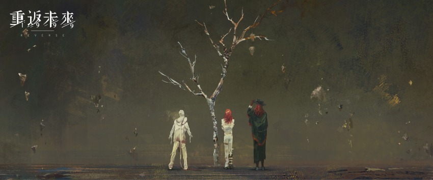 3boys aleph_(reverse:1999) bandaged_head bandages bare_tree black_cape black_hat black_pants cape copyright_name facing_away from_behind gloves gradient_background grey_background hand_up hat highres jacket logo long_hair merlin_(reverse:1999) multiple_boys official_art pants red_gloves red_hair reverse:1999 standing the_idealist_(reverse:1999) tree very_wide_shot white_jacket white_pants