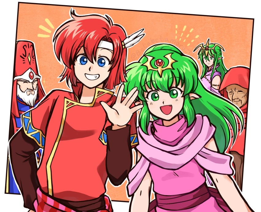 2girls 3boys bantu_(fire_emblem) fang fire_emblem fire_emblem:_mystery_of_the_emblem fire_emblem:_shadow_dragon gotoh_(fire_emblem) green_eyes green_hair highres matching_hair/eyes multiple_boys multiple_girls nagi_(fire_emblem) nintendo open_mouth pointy_ears red_hair tiara tiki_(fire_emblem) tiki_(young)_(fire_emblem) xane_(fire_emblem)