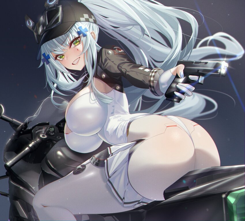 1girl ass baseball_cap black_bodysuit black_hat blue_hair bodysuit bratja breasts commentary commentary_request cross_hair_ornament dark_background finger_on_trigger foreshortening frilled_bodysuit girls&#039;_frontline girls&#039;_frontline_2:_exilium glock gloves gun hair_ornament handgun hat highres hk416_(girls&#039;_frontline) holding holding_gun holding_weapon klukai_(girls&#039;_frontline_2) klukai_(speed_star)_(girls&#039;_frontline_2) large_breasts lens_flare long_hair looking_at_viewer looking_back motor_vehicle motorcycle on_motorcycle parted_lips partially_fingerless_gloves ponytail simple_background sitting solo tattoo teardrop_facial_mark teardrop_tattoo two-tone_bodysuit weapon white_bodysuit white_gloves white_nails
