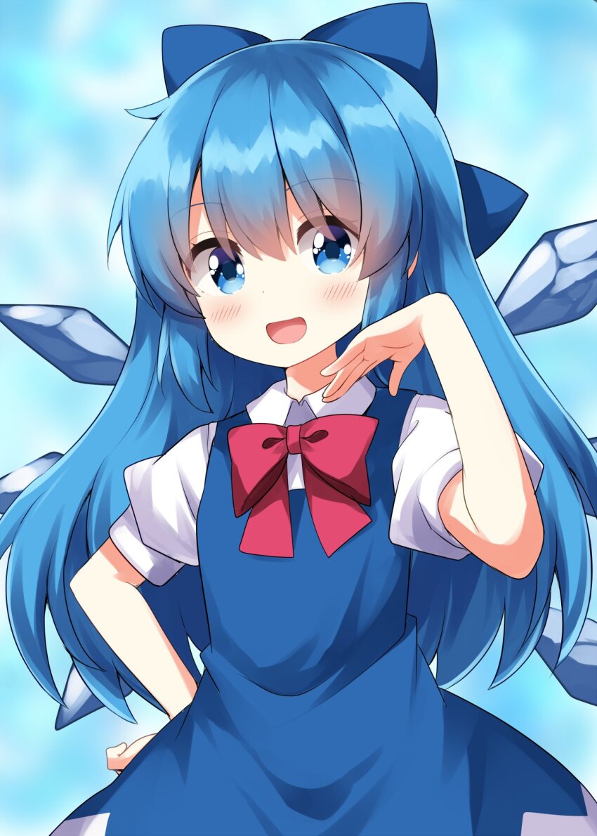 1girl :d alternate_hair_length alternate_hairstyle blue_background blue_bow blue_dress blue_eyes blue_hair blush bow bowtie cirno collared_shirt commentary cowboy_shot dress hair_bow hand_up highres ice ice_wings looking_at_viewer open_mouth pinafore_dress red_bow red_bowtie ruu_(tksymkw) shirt short_sleeves sleeveless sleeveless_dress smile solo touhou white_shirt wings