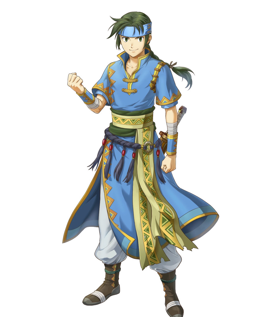 1boy bandages belt braid clenched_hands closed_mouth collarbone fire_emblem fire_emblem:_the_blazing_blade fire_emblem_heroes full_body gold_trim green_eyes green_hair guy_(fire_emblem) hand_up headband highres indesign long_hair looking_at_viewer male_focus nintendo non-web_source noots official_art pants pelvic_curtain short_sleeves single_braid smile solo standing sword transparent_background weapon