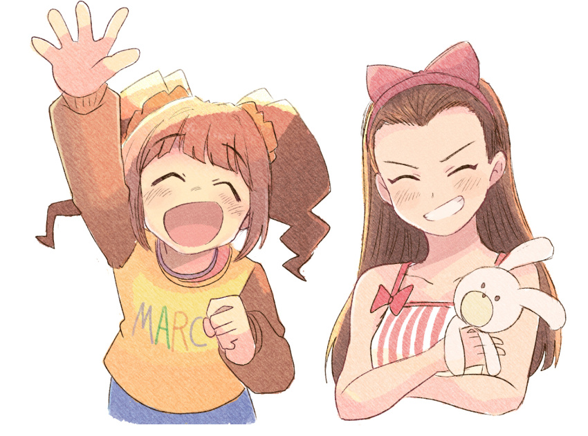 arm_up brown_hair child closed_eyes collarbone cropped_torso facing_viewer grin hair_ornament hair_scrunchie hairband highres holding holding_stuffed_toy idolmaster idolmaster_(classic) idolmaster_1 long_sleeves minase_iori open_mouth pink_hairband raglan_sleeves scrunchie shirt simple_background sleeveless smile stuffed_animal stuffed_rabbit stuffed_toy takatsuki_yayoi tsubobot twintails usa-chan_(idolmaster) white_background
