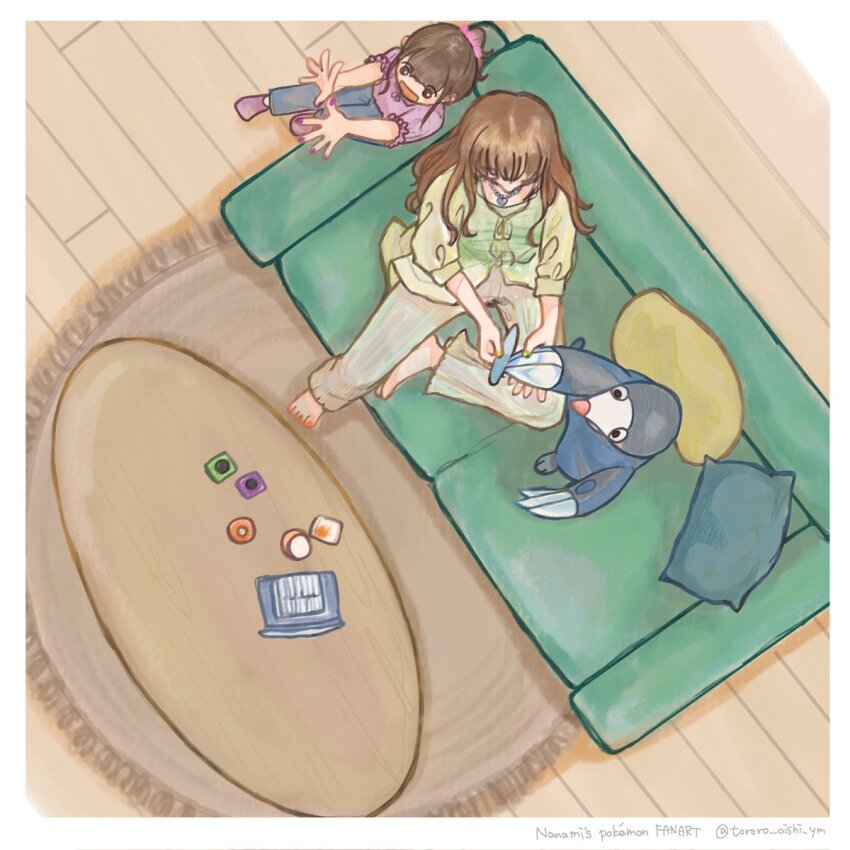 2girls :d barefoot blue_pants border brown_eyes brown_hair closed_eyes cosmetics couch drilbur fingernails from_above gen_5_pokemon green_nails grey_pants heart heart_necklace highres holding_nail_file indoors jewelry long_hair multicolored_nails multiple_girls nail_file nail_polish nail_polish_bottle necklace nintendo on_couch open_mouth orange_nails pants pokemon pokemon_(creature) ponytail purple_nails purple_shirt purple_socks rug shirt short_hair sitting slice_of_life smile socks table toenail_polish toenails tororo_oishi_ym twitter_username white_border wooden_floor wooden_table yellow_nails yellow_shirt