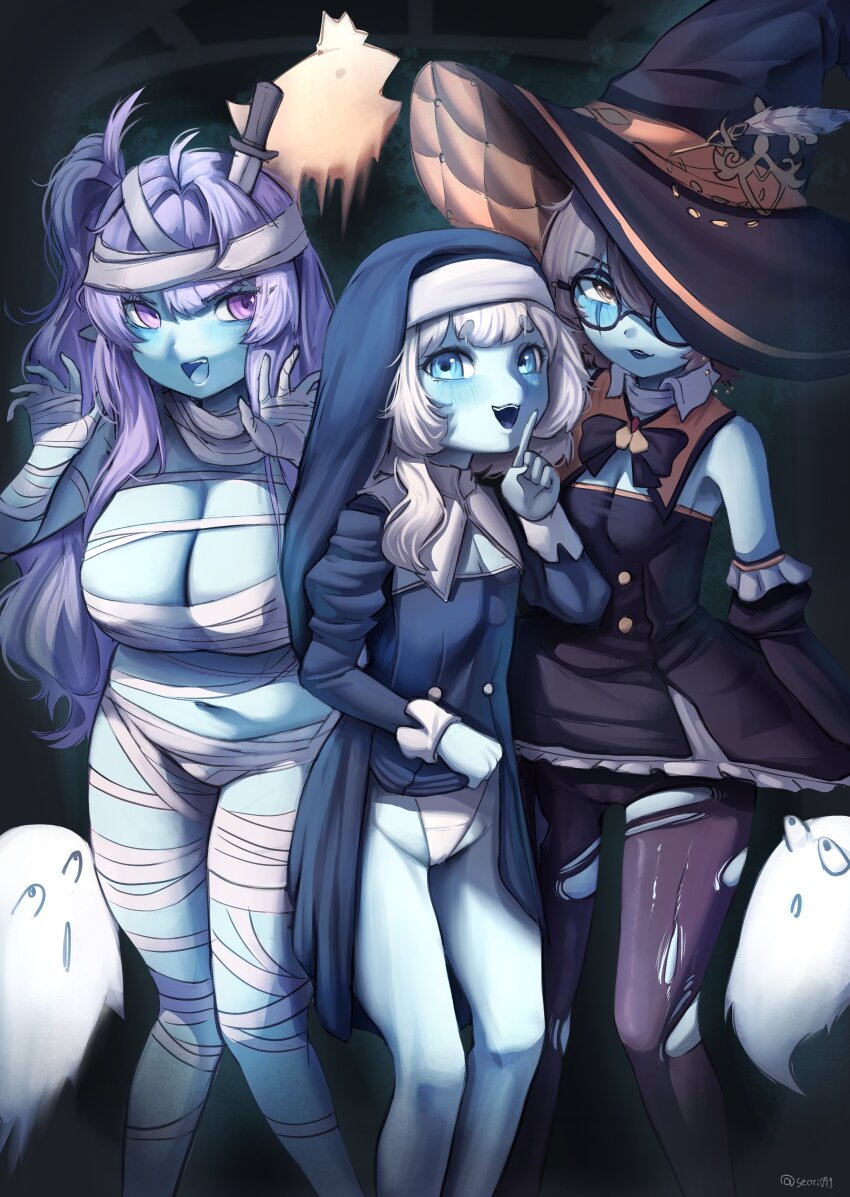 3girls absurdres black_bow black_bowtie black_dress black_hat blue_eyes blue_skin bow bowtie breasts brown_hair cleavage clio_aite clothes_lift colored_skin commentary dress dress_lift eepy_sleepy english_commentary ghost glasses halloween hat hat_ribbon highres knife_in_head large_breasts lifting_own_clothes marimari_(vtuber) multiple_girls mummy_costume navel nun object_through_head open_mouth orange_ribbon pantyhose phase_connect phase_invaders_quest purple_eyes purple_hair ribbon scar scar_across_eye scar_on_face seori091 torn_clothes torn_pantyhose twitter_username virtual_youtuber white_hair witch witch_hat