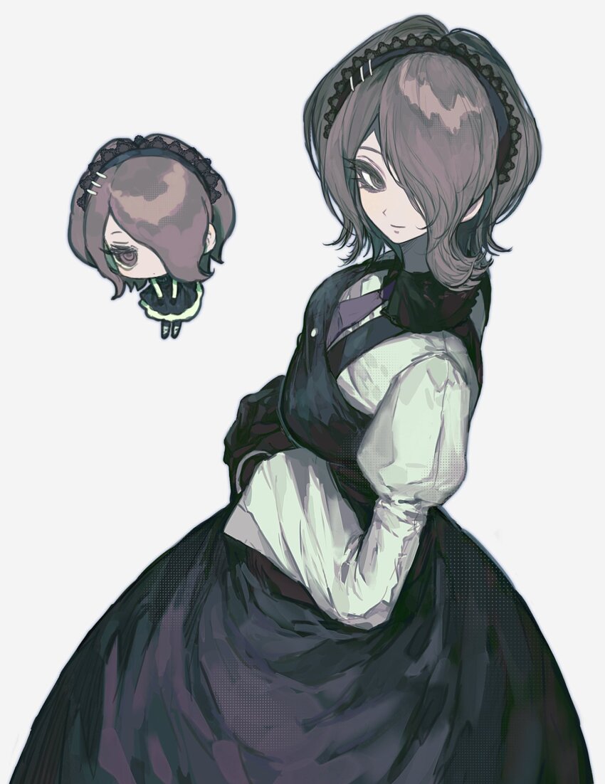 1girl anzekeye ascot black_dress black_gloves black_hairband closed_mouth danganronpa_(series) danganronpa_v3:_killing_harmony dress gloves grey_eyes grey_hair hair_ornament hairband hairclip highres juliet_sleeves long_sleeves looking_at_viewer maid medium_hair puffy_sleeves purple_ascot shirt sidelocks smile solo tojo_kirumi white_shirt