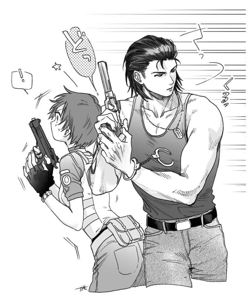 1boy 1girl belt billy_coen choker cuffs denim dog_tags fingerless_gloves gloves greyscale gun handcuffs highres holding holding_gun holding_weapon jeans monochrome muscular muscular_male namo pants rebecca_chambers resident_evil resident_evil_0 shirt short_hair sleeveless sleeveless_shirt tank_top watch weapon