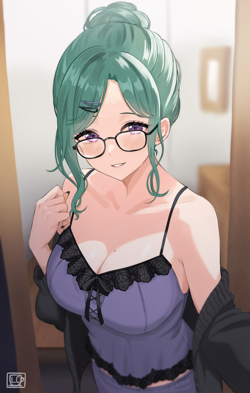 1girl absurdres bare_shoulders bespectacled black_cardigan blush breasts camisole cardigan cardigan_partially_removed cleavage collarbone commentary_request curtained_hair doorway fingernails forehead glasses green_hair hair_bun hair_ornament hairclip highres lace-trimmed_camisole lace_trim large_breasts lazycoffee_(wyen_iscordo) long_sleeves looking_at_viewer looking_over_eyewear mole mole_on_breast nail_polish official_alternate_costume official_alternate_hairstyle open_cardigan open_clothes opening_door pov_doorway purple_camisole purple_eyes purple_shorts rectangular_eyewear shorts signature single_hair_bun sleepwear smile solo teeth virtual_youtuber vspo! yakumo_beni yakumo_beni_(5th_costume)