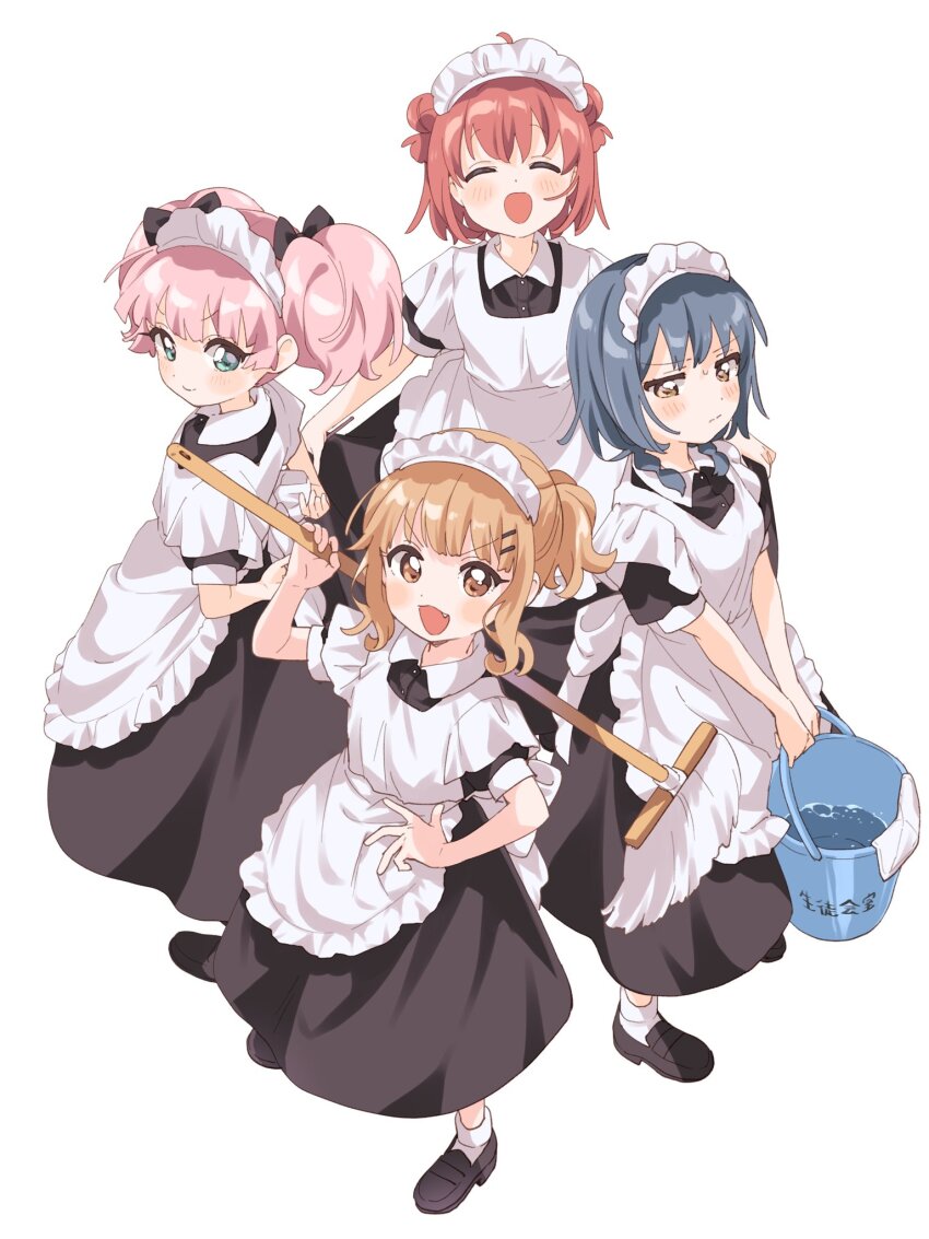 4girls ahoge akaza_akari alternate_hairstyle apron aqua_eyes arm_up back_bow black_bow black_dress black_footwear blue_hair blush bobby_socks bow braid breasts brown_eyes bucket bucket_of_water buttons cleaning_rag closed_eyes closed_mouth collared_dress commentary double_bun dress duster frilled_apron frills from_behind full_body furutani_himawari hair_bow hair_bun hair_ornament hairclip hand_on_own_hip highres holding holding_bucket holding_duster holding_mop leg_up light_brown_hair loafers looking_at_viewer maid maid_apron maid_headdress mop multiple_girls namori oomuro_sakurako open_mouth pink_hair ponytail puffy_short_sleeves puffy_sleeves red_hair shoes short_sleeves sidelocks simple_background skirt_hold smile socks standing sweatdrop twin_braids twintails tying_apron v-shaped_eyebrows wavy_hair white_apron white_background white_bow white_headdress white_socks yoshikawa_chinatsu yuru_yuri