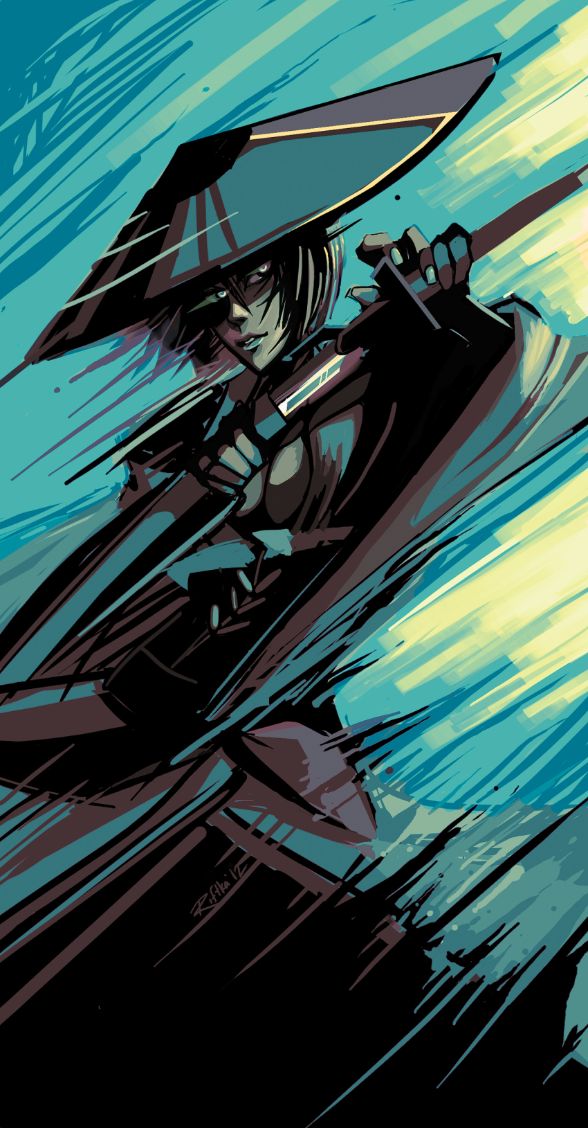 1girl arc_system_works black_hair breasts cleavage hard_corps:_uprising hat highres japanese_clothes konami large_breasts sayuri_(hard_corps) sword weapon