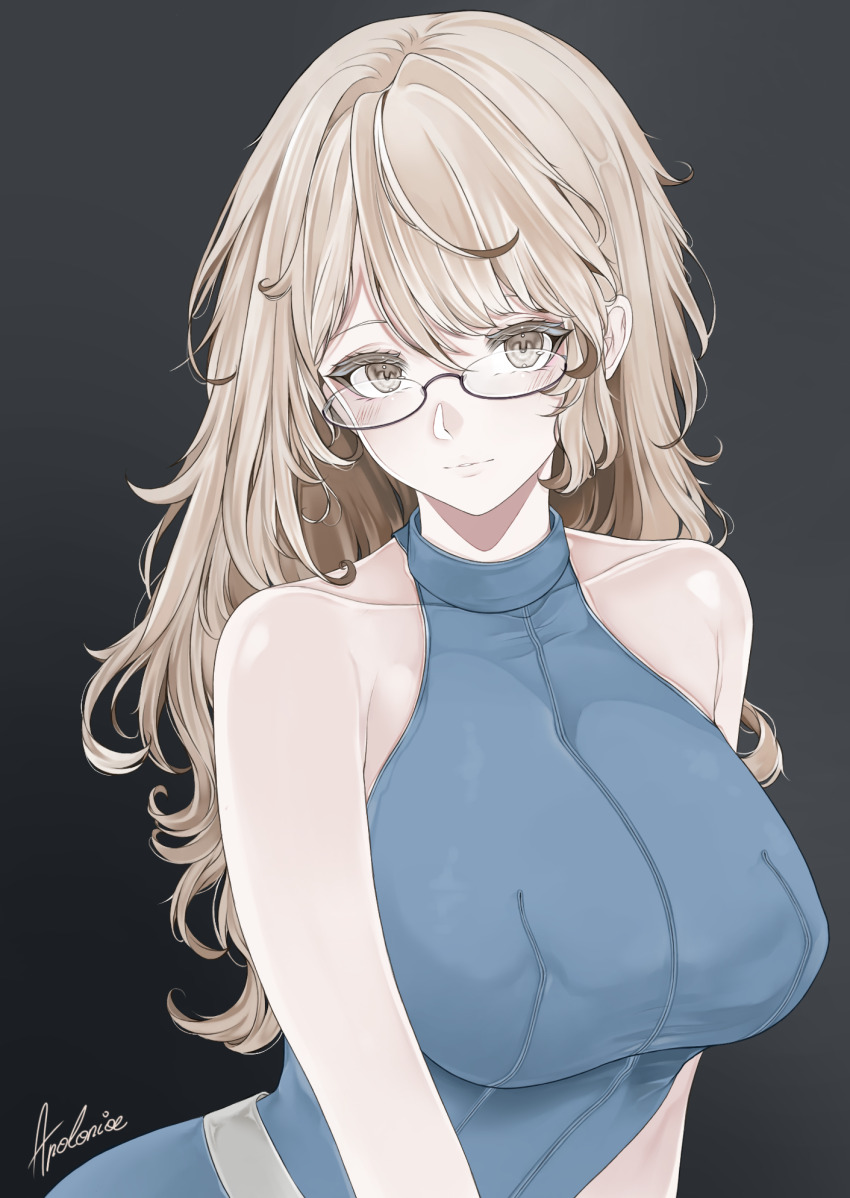 1girl ace_attorney adrian_andrews apolonia-07 bare_shoulders blonde_hair blue_shirt breasts closed_mouth glasses gradient_background grey_background highres ibispaint_(medium) large_breasts long_hair looking_at_viewer shirt simple_background solo upper_body