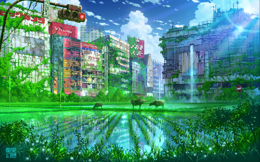 antenna_mast blue_sky building cloud commentary_request day flower grass highres huge_filesize lamppost lens_flare light_rays no_entry_sign no_humans original outdoors overgrown post-apocalypse reflection rice_paddy road_sign ruins scenery shinjuku_(tokyo) sign sky skyscraper summer sunbeam sunlight tokyo_(city) tokyogenso traffic_light tree water water_buffalo waterfall