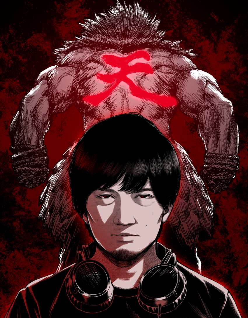 2boys akuma_(street_fighter) back headphones headphones_around_neck highres looking_at_viewer male_focus mugetsu2501 multiple_boys muscular muscular_male real_life standing street_fighter umehara_daigo