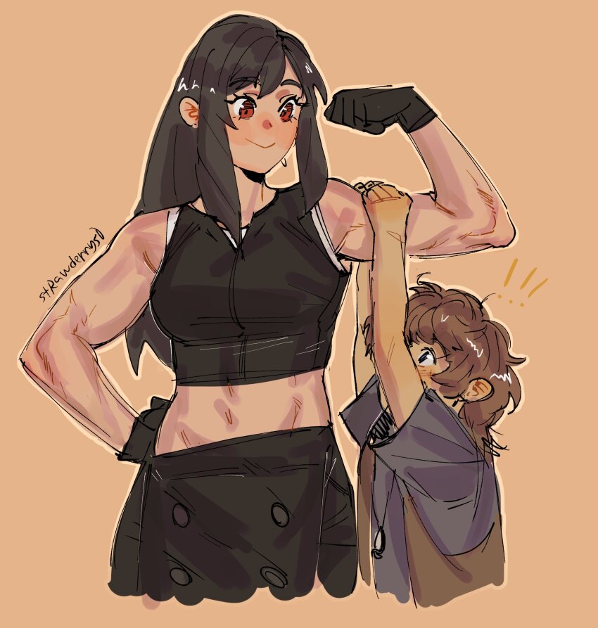 ! !! 1boy 1girl absurdres apron artist_name bare_shoulders biceps black_apron black_gloves black_hair black_vest blush brown_hair closed_mouth commentary cowboy_shot crop_top denzel_(ff7) earrings english_commentary final_fantasy final_fantasy_vii final_fantasy_vii:_advent_children flexing gloves grey_shirt hand_on_own_hip highres jewelry lifting_person long_hair looking_at_another midriff navel necklace red_eyes shirt short_hair simple_background smile strawderryst tifa_lockhart toned toned_female twitter_username vest waist_apron